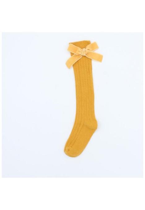 Șosete fetițe 3/4, bumbac, cu fundiță decorativă- galben muștar,Engros